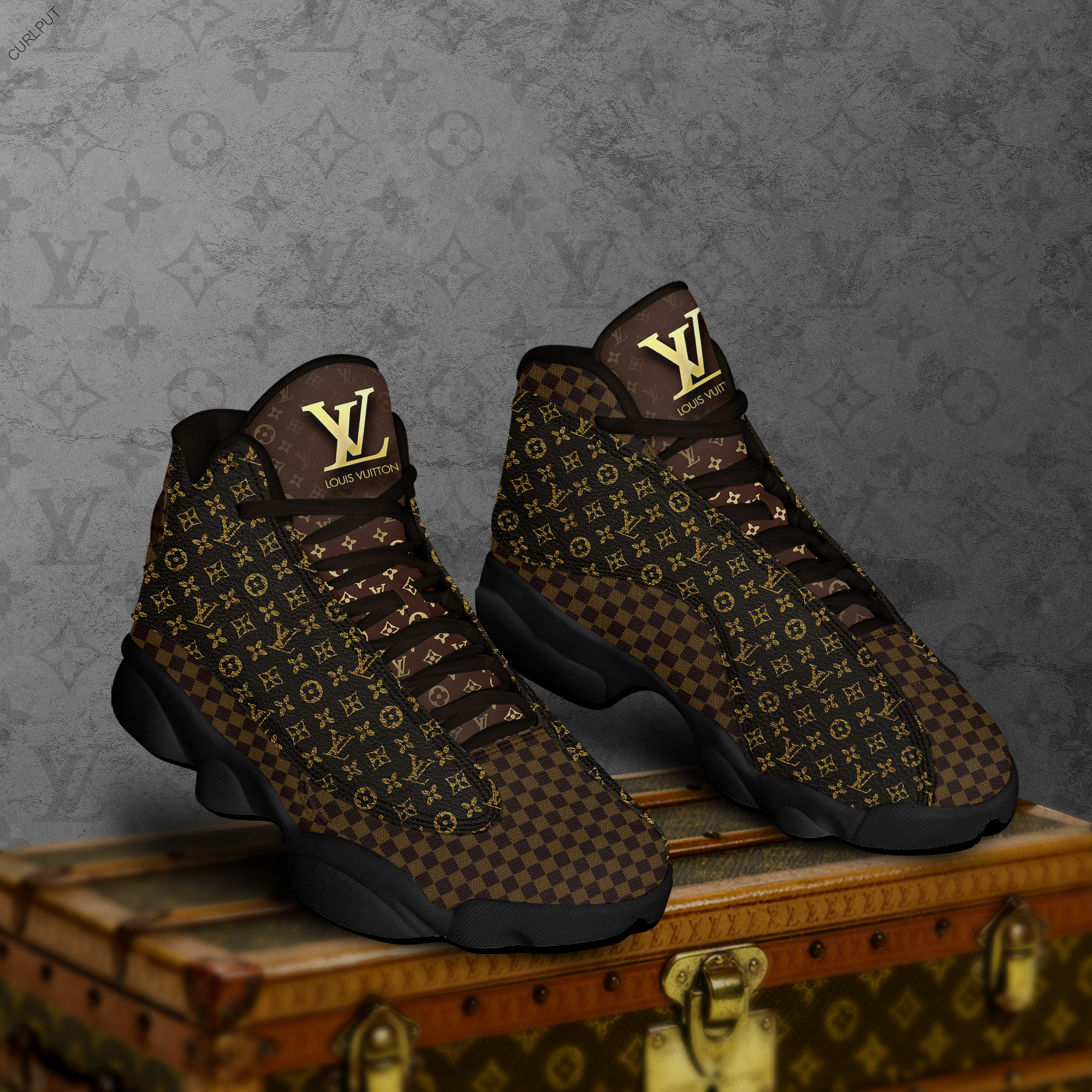 Louis Vuitton Brown Gold Air Jordan 13 Sneakers Luxury Trending Fashion Shoes