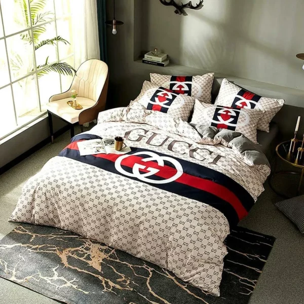 Gucci Stripe Logo Brand Bedding Set Home Decor Luxury Bedroom Bedspread