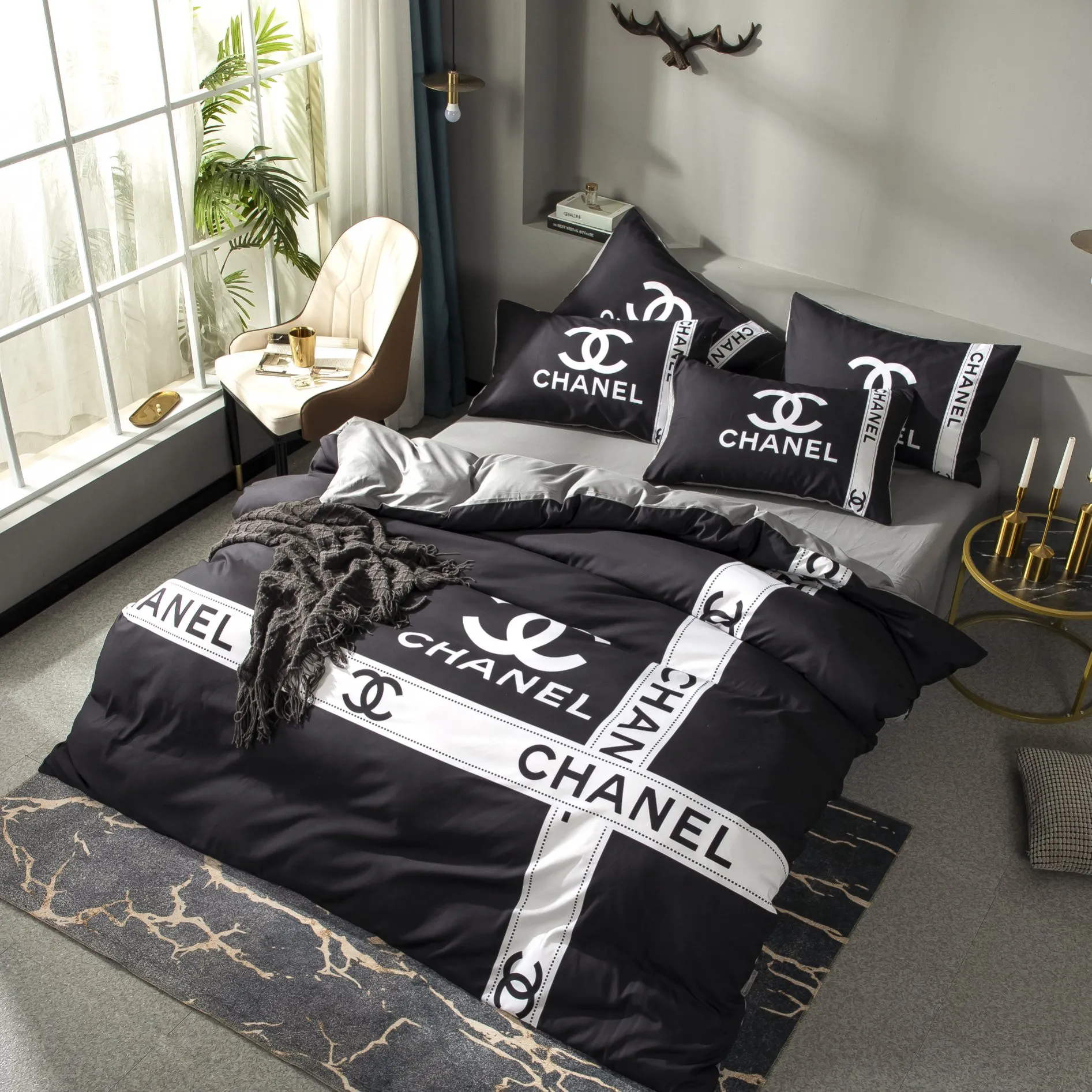 Chanel Grey Logo Brand Bedding Set Bedspread Bedroom Luxury Home Decor