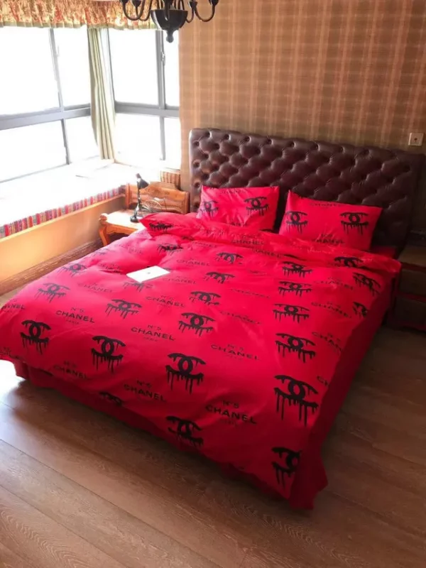 Chanel Red Dirty Logo Brand Bedding Set Luxury Bedspread Bedroom Home Decor