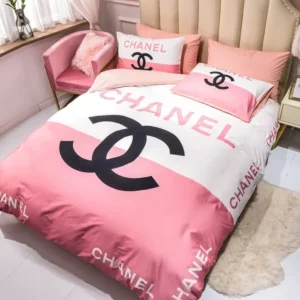 Chanel Pink And White Logo Brand Bedding Set Bedroom Luxury Home Decor Bedspread