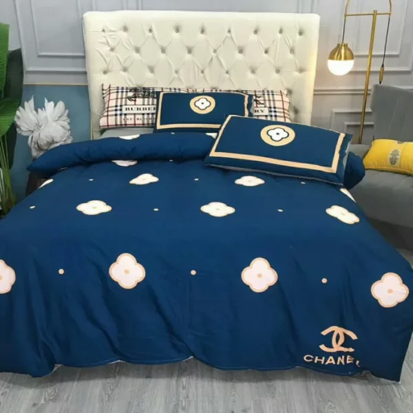 Chanel Flower Blue Logo Brand Bedding Set Bedroom Luxury Home Decor Bedspread