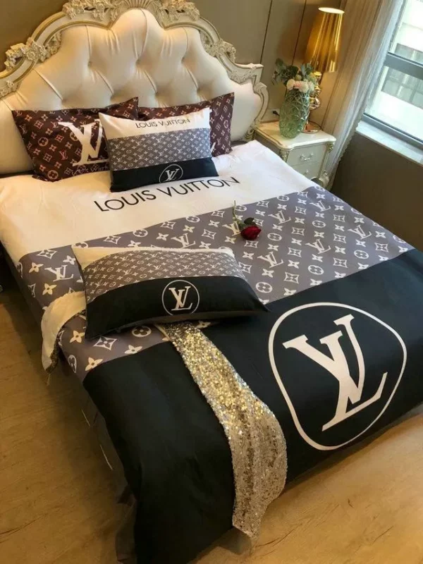 Louis Vuitton Logo Brand Bedding Set Luxury Bedspread Home Decor Bedroom