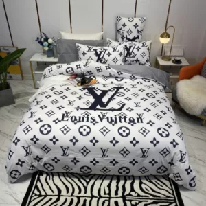 Louis Vuitton White Black Logo Brand Bedding Set Bedspread Luxury Bedroom Home Decor