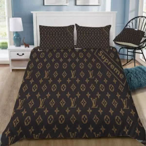 Louis Vuitton Supreme Brown Logo Brand Bedding Set Luxury Bedspread Bedroom Home Decor