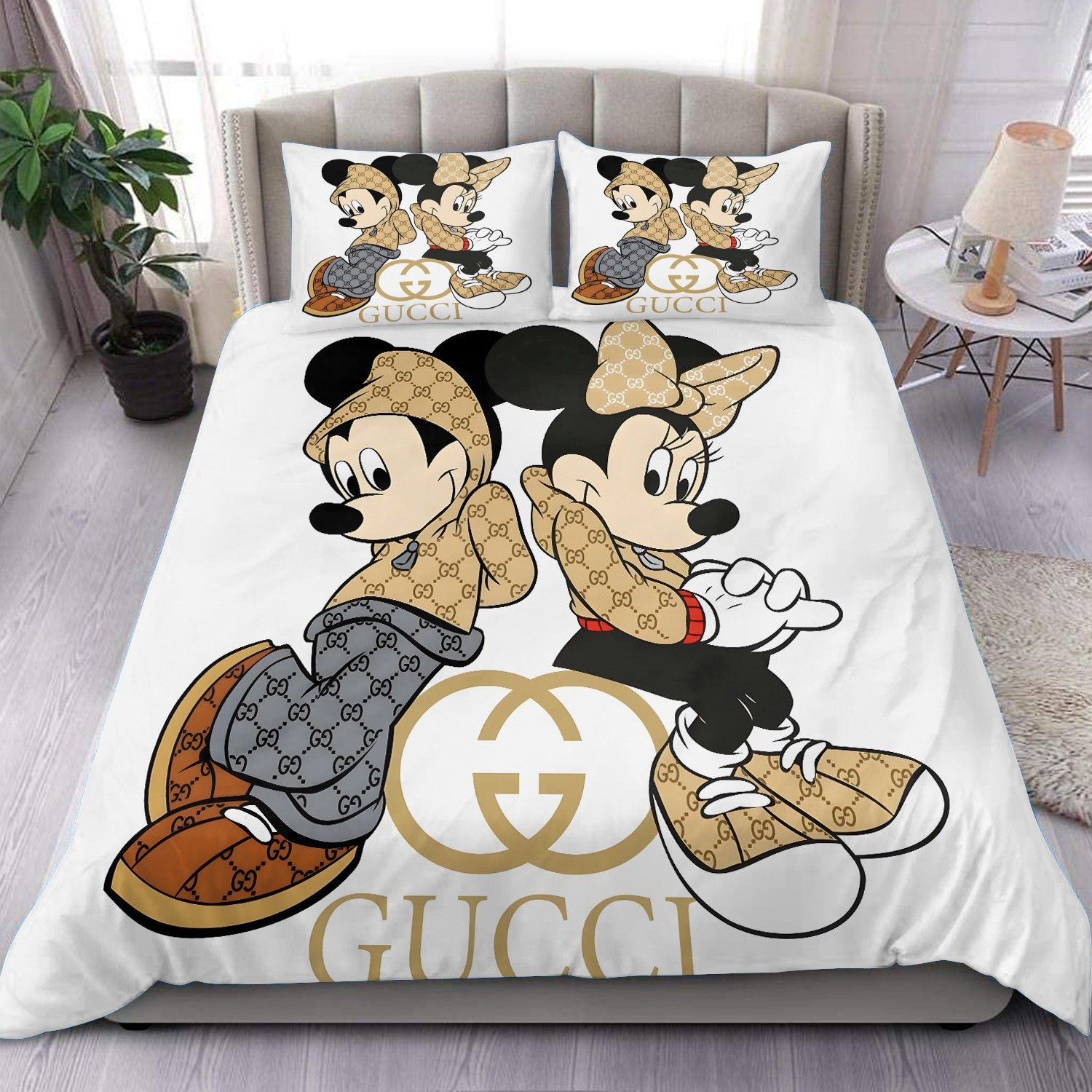 Gucci Mickey Couple Logo Brand Bedding Set Bedroom Bedspread Home Decor Luxury