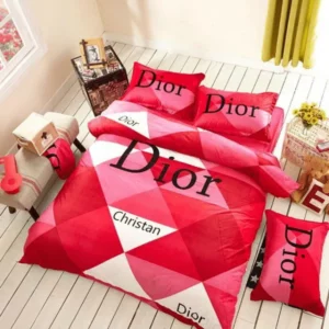 Dior Checked Red Pink Logo Brand Bedding Set Luxury Home Decor Bedspread Bedroom