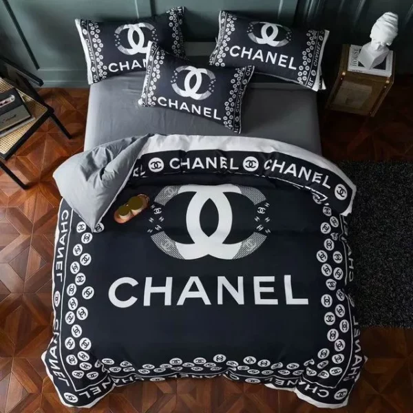 Chanel Black White Logo Brand Bedding Set Bedspread Luxury Home Decor Bedroom