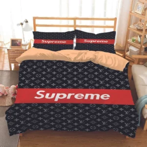 Louis Vuitton Supreme Grey Logo Brand Bedding Set Luxury Bedroom Home Decor Bedspread