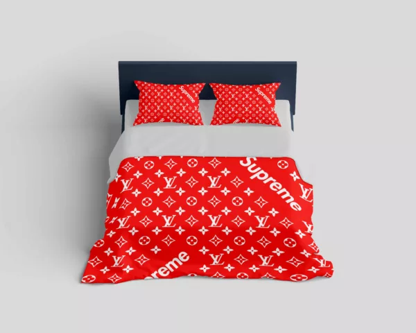 Louis Vuitton Supreme Red Logo Brand Bedding Set Bedspread Bedroom Home Decor Luxury