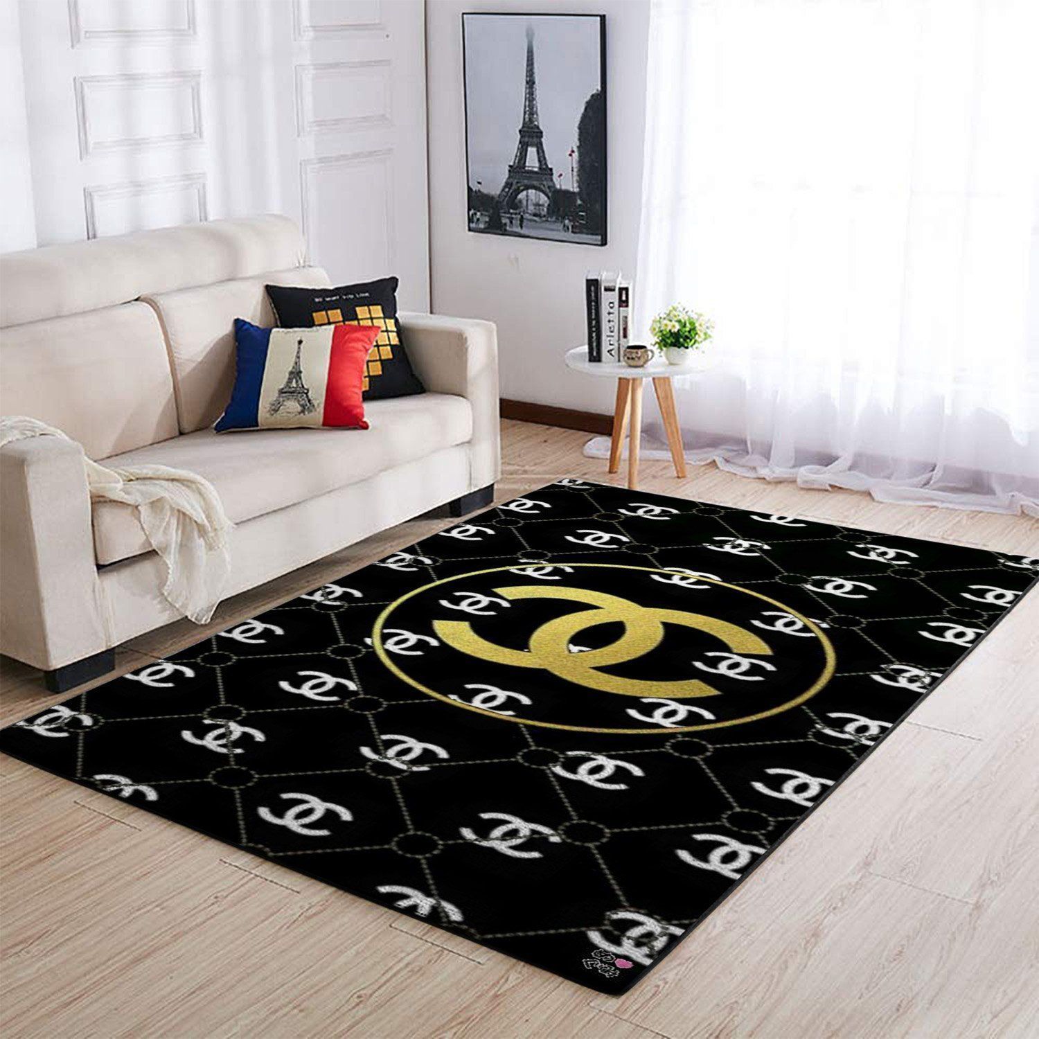 Chanel Black Golden Rectangle Rug Area Carpet Door Mat Fashion Brand Home Decor Luxury