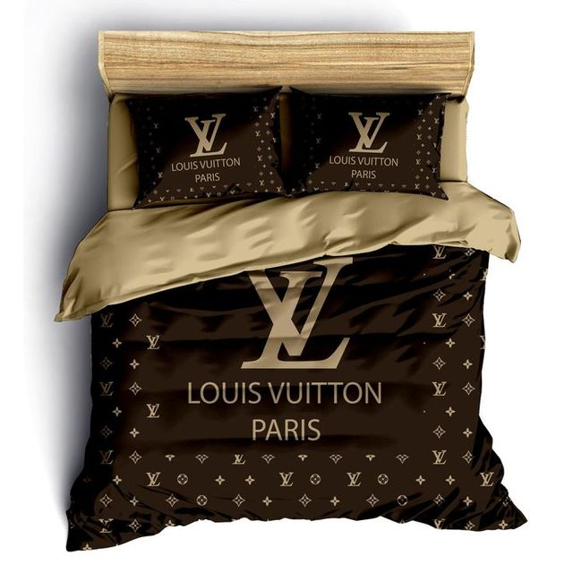 Louis Vuitton Brown Logo Brand Bedding Set Bedroom Luxury Bedspread Home Decor