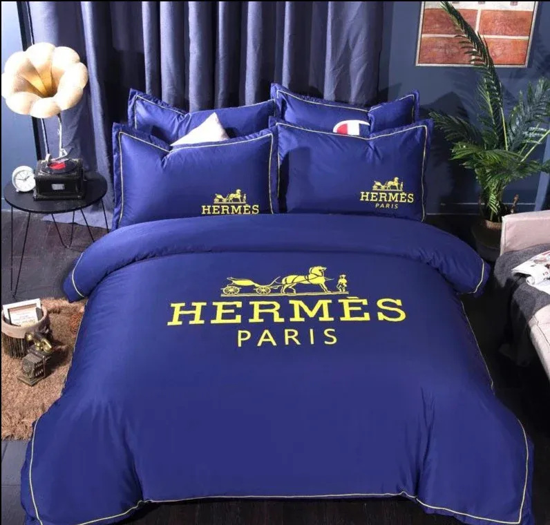 Hermes Blue Logo Brand Bedding Set Bedroom Home Decor Luxury Bedspread