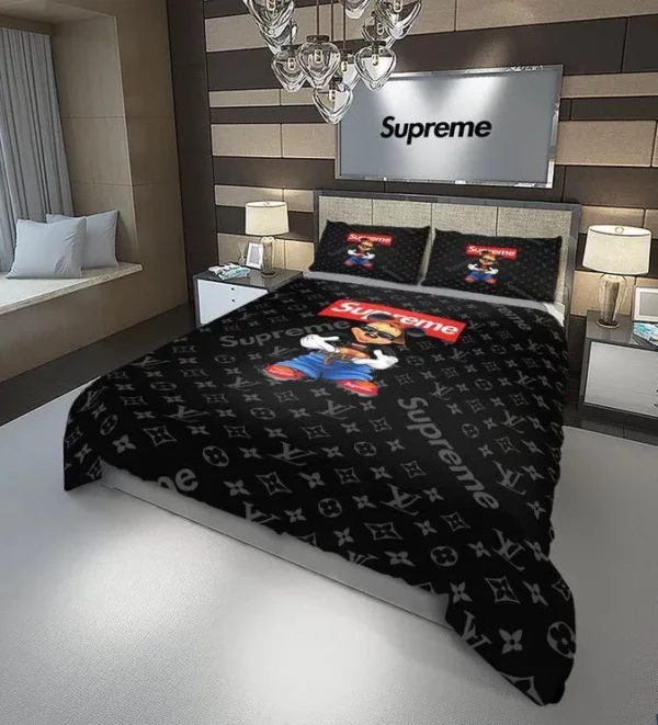 Louis Vuitton Supreme Hip Hop Mikcey Logo Brand Bedding Set Bedroom Bedspread Home Decor Luxury