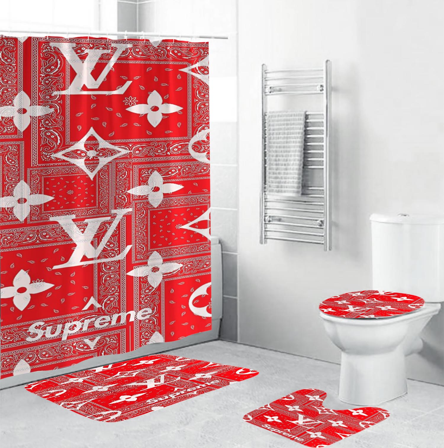 Louis Vuitton Lv Supreme Bathroom Set Hypebeast Bath Mat Luxury Fashion Brand Home Decor