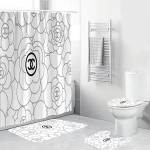 Chanel Black Signature Flowers In White Back Ground Bathroom Set Luxury Fashion Brand Hypebeast Home Decor Bath Mat