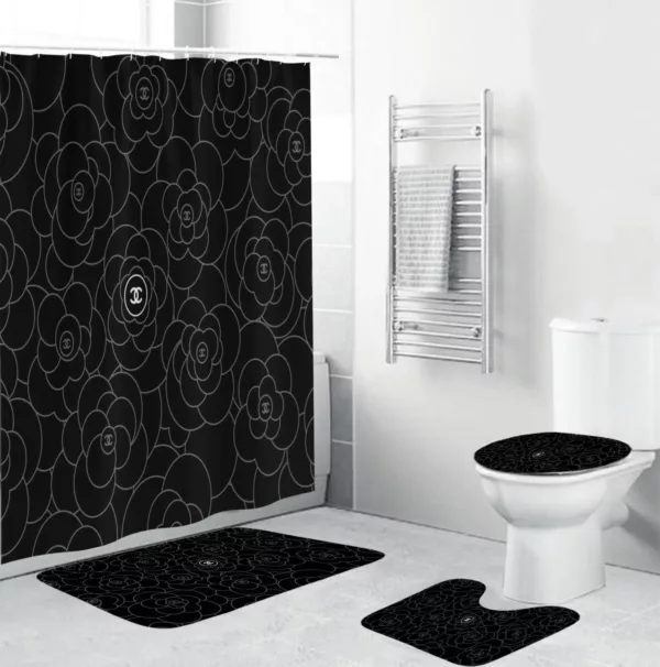 Chanel White Signature Flower In Black Background Bathroom Set Hypebeast Bath Mat Luxury Fashion Brand Home Decor