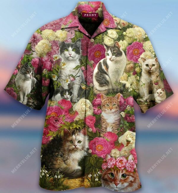 Cats In Peony Garden Hawaiian Shirt