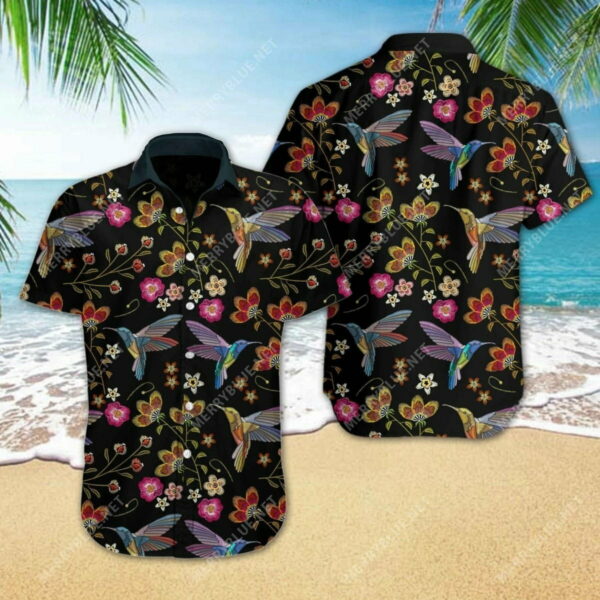 Hummingbird Embroidery Hawaiian Shirt