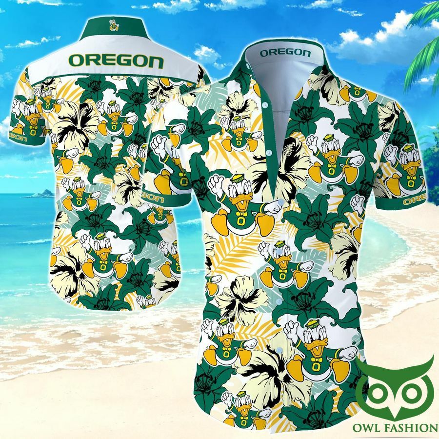 Oregon Ducks White And Green Beige Flowers Hawaiian Shirt