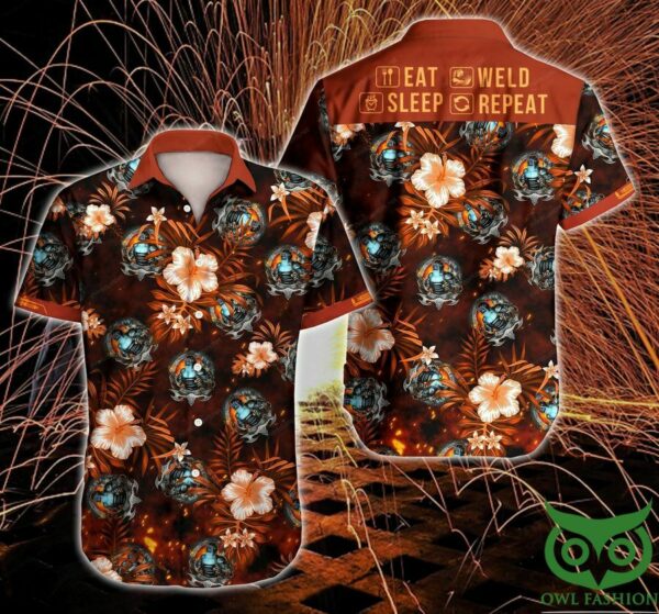 Welder Eat Sleep Weld Repeat Floral Orange Hawaiian Shirt