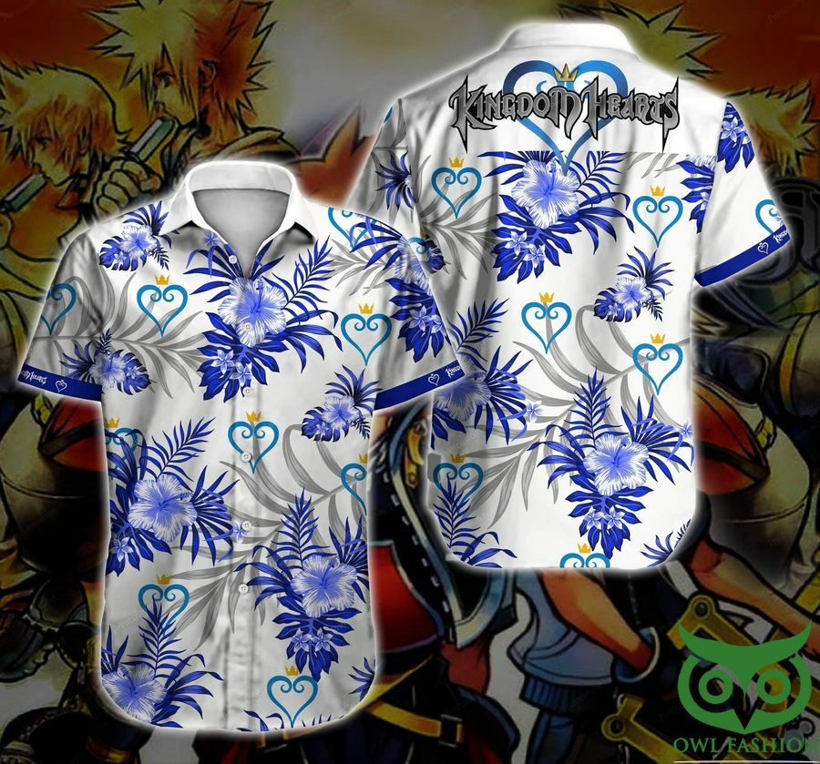 Kingdom Hearts Game Bright Blue Floral White Hawaiian Shirt