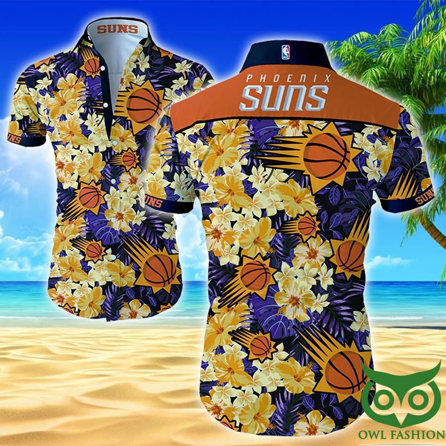 Phoenix Suns Dark Purple And Orange Flowers Hawaiian Shirt