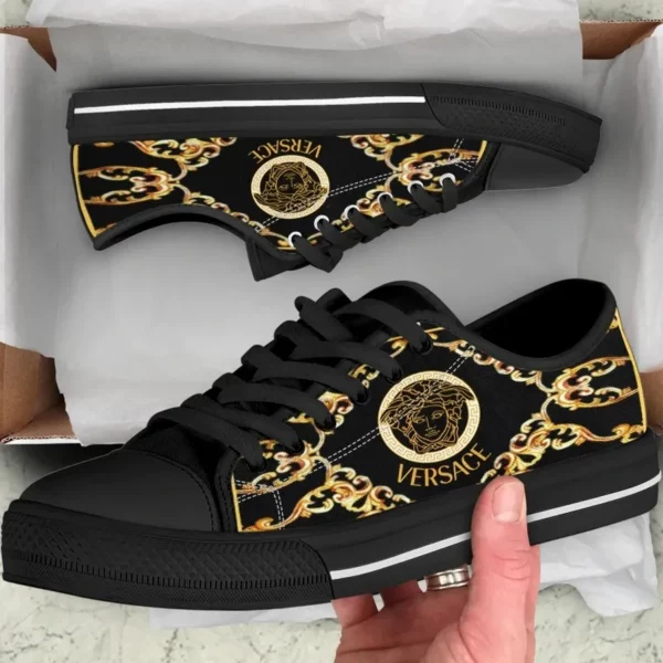 Versace Black Medusa Low Top Canvas Shoes Luxury Brand