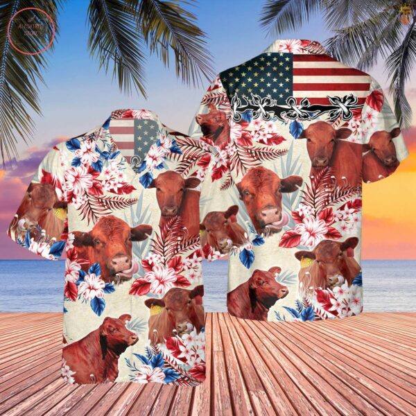 Red Angus Cattle American Flag Hawaiian Shirt