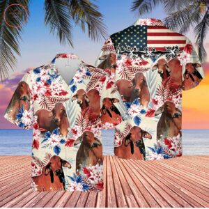 Red Brahman Cattle American Flag Hawaiian Shirt