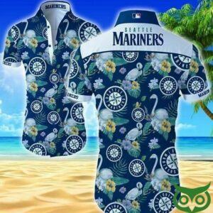 Seattle Mariners Flamingo Floral Blue Hawaiian Shirt