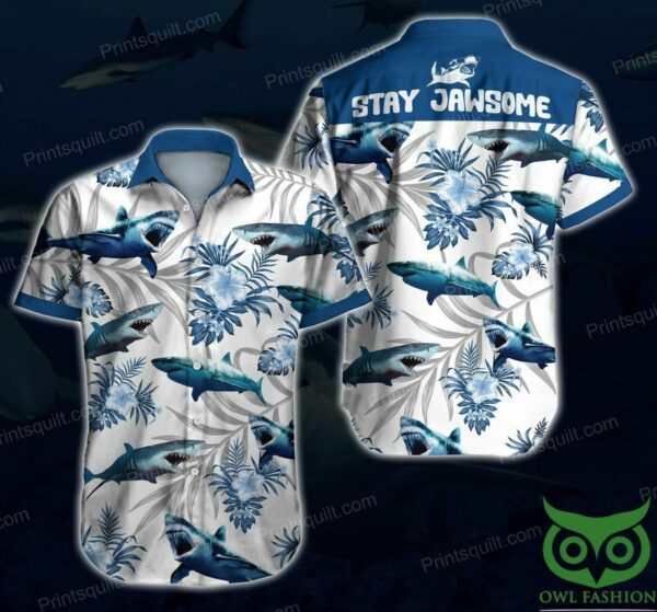 Shark Lovers Stay Jawsome Huge Shark Hawaiian Shirt