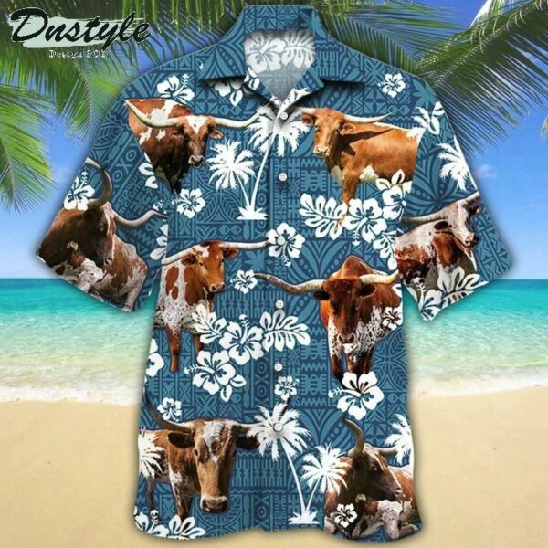 Tx Longhorn Cattle Lovers Blue Tribal Hawaiian Shirt