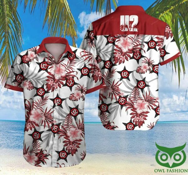 U2 Rock Band Red Floral White Hawaiian Shirt