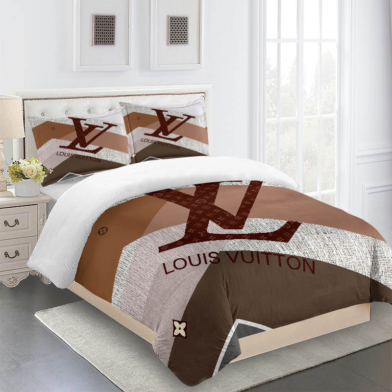 Striped Beige Full Louis Vuitton Logo Brand Bedding Set Bedspread Home Decor Bedroom Luxury