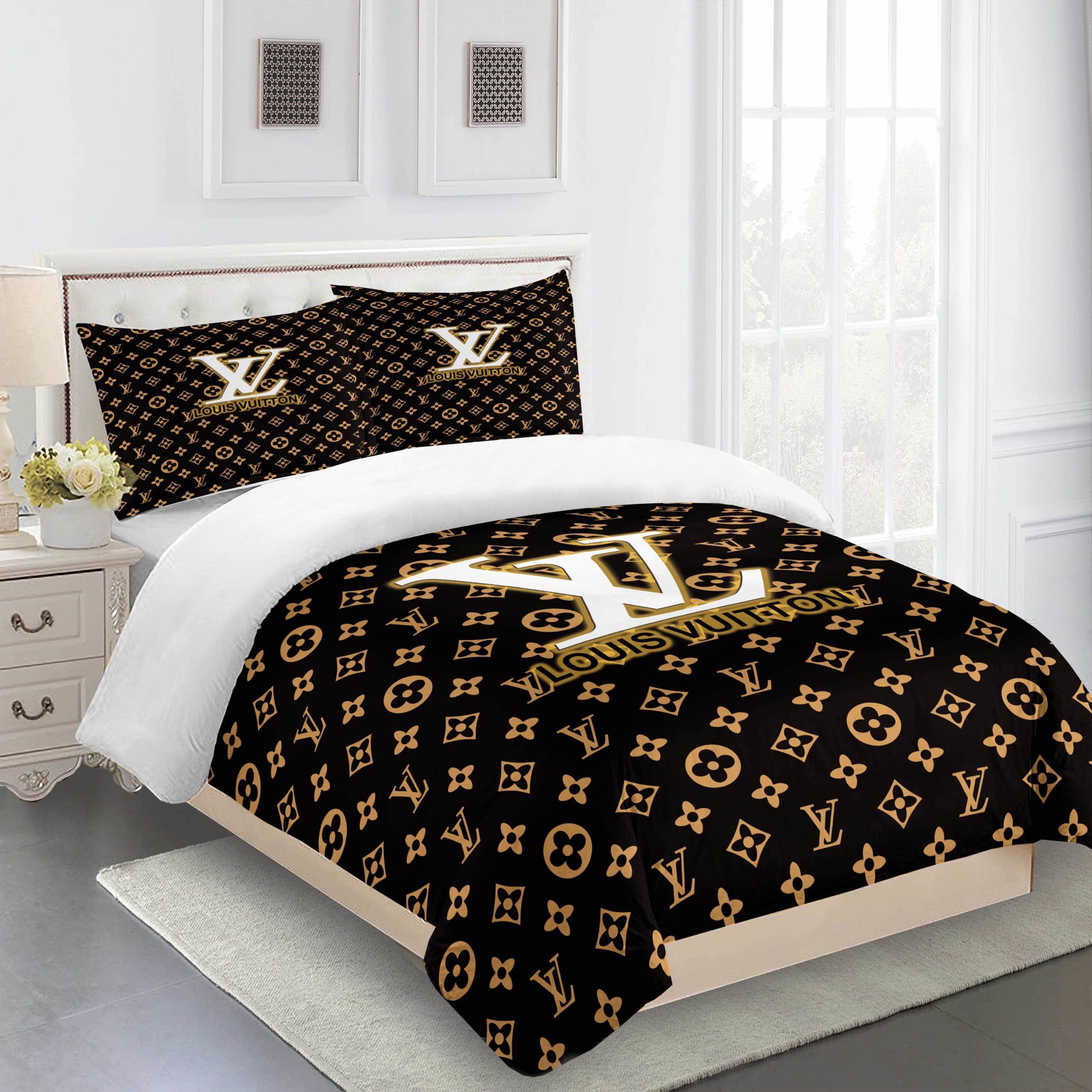 Golden White Full Louis Vuitton Logo Brand Bedding Set Luxury Bedroom Home Decor Bedspread