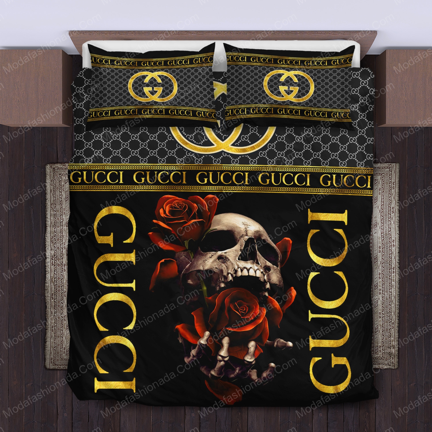 Gucci Skull And Rosestype Logo Brand Bedding Set Home Decor Luxury Bedroom Bedspread