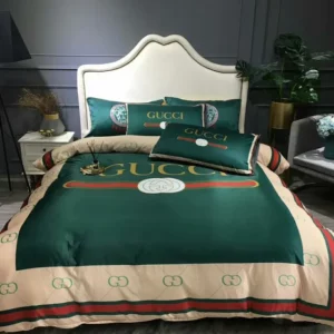 Gucci Dark Green Logo Brand Bedding Set Home Decor Luxury Bedroom Bedspread