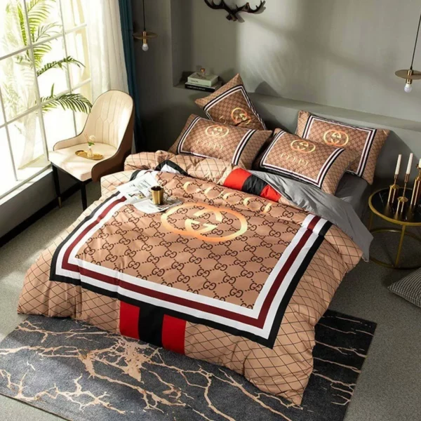 Gucci Brown Logo Brand Bedding Set Bedspread Home Decor Bedroom Luxury