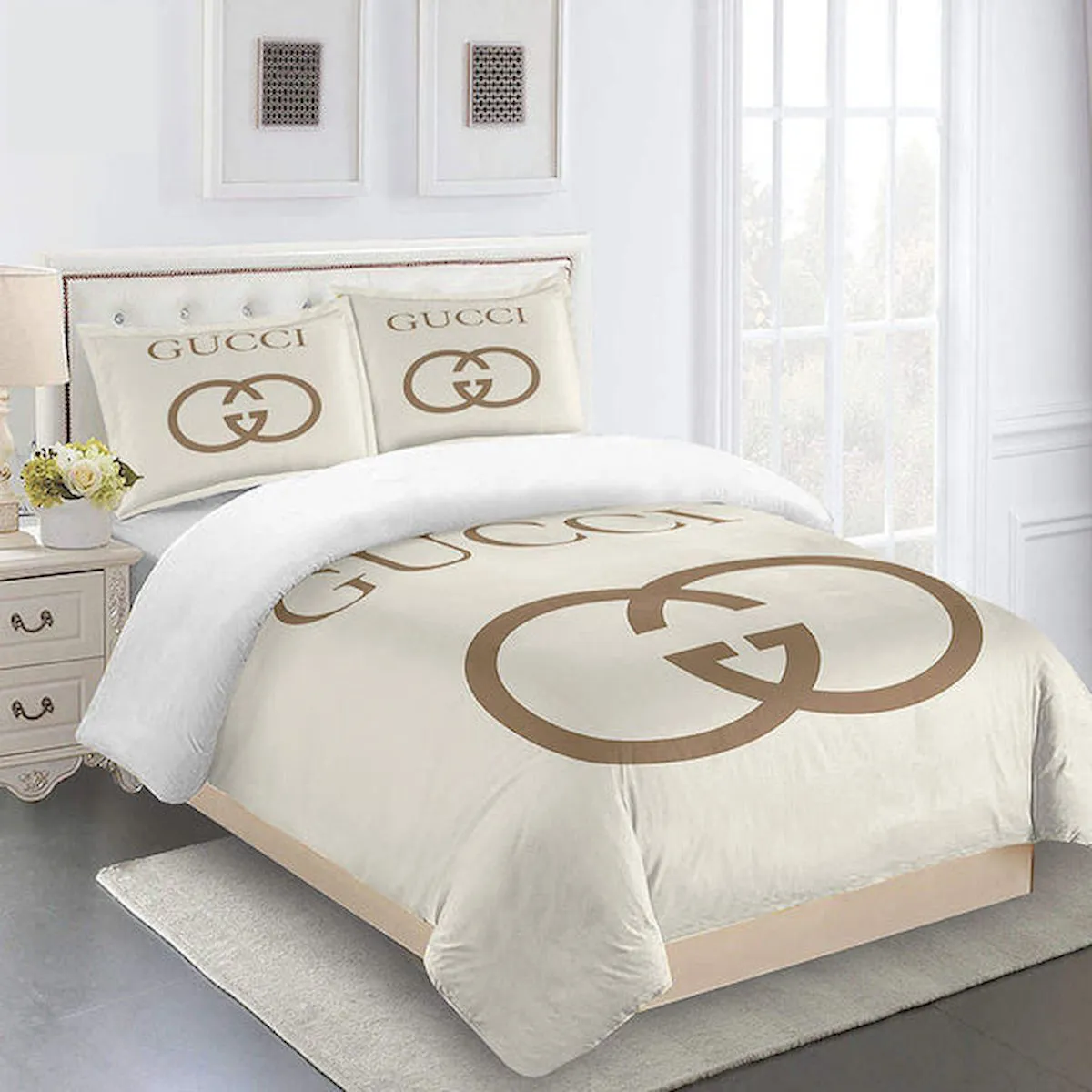 Gucci Beige Logo Brand Bedding Set Bedspread Home Decor Luxury Bedroom