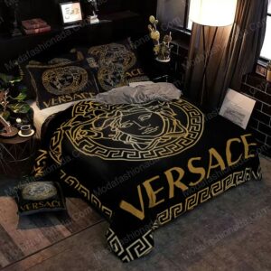 Black And Gold Versace Logo Brand Bedding Set Bedspread Home Decor Luxury Bedroom