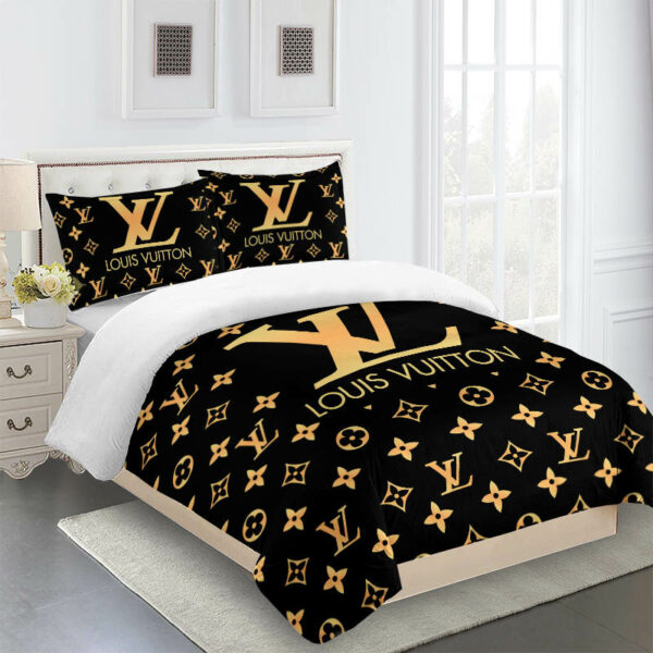 Brown And Beige Louis Vuitton Logo Brand Bedding Set Luxury Home Decor Bedroom Bedspread