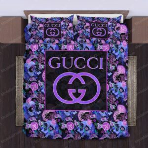 Gucci Pattern Violet Skull Logo Brand Bedding Set Bedspread Home Decor Luxury Bedroom