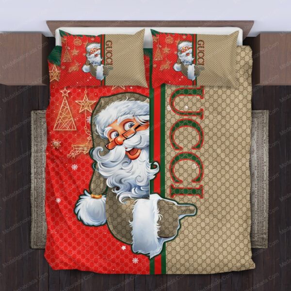 Santa Claus Gucci Pattern Logo Brand Bedding Set Bedroom Luxury Bedspread Home Decor