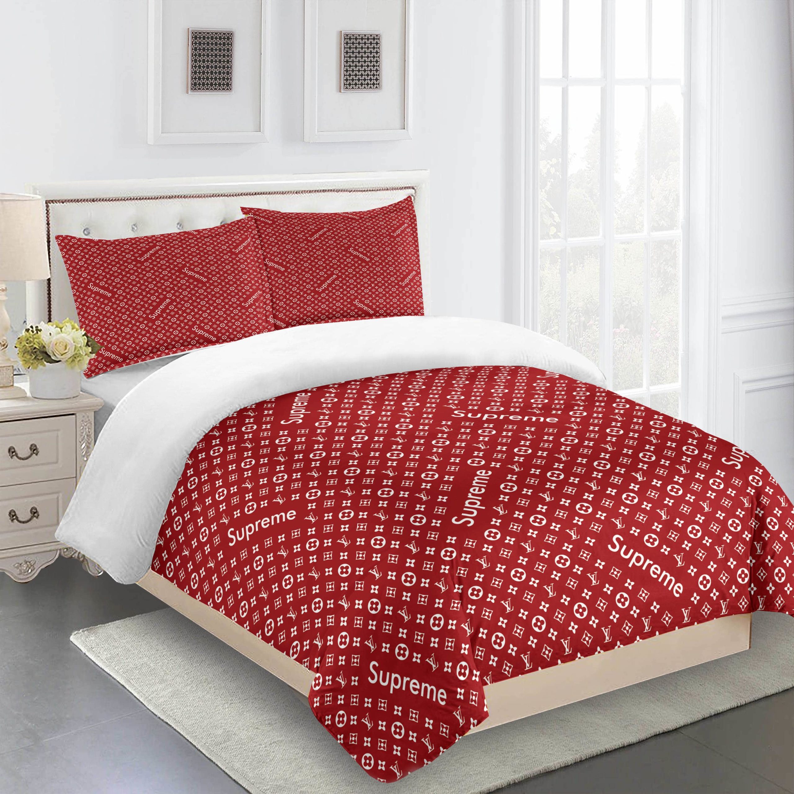 Fullred Supreme Louis Vuitton Logo Brand Bedding Set Bedspread Home Decor Luxury Bedroom