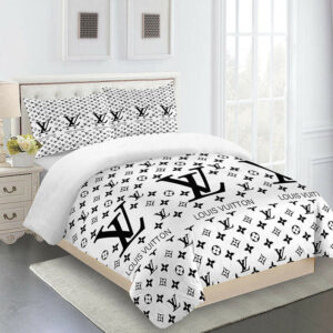 Goldenand Black Louis Vuitton Logo Brand Bedding Set Bedroom Luxury Bedspread Home Decor