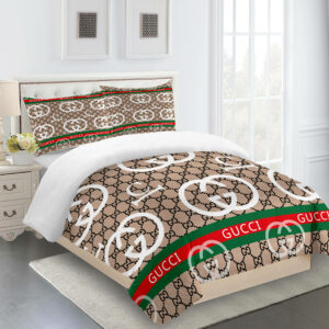 Gucci Beige Green Red Logo Brand Bedding Set Bedroom Luxury Bedspread Home Decor