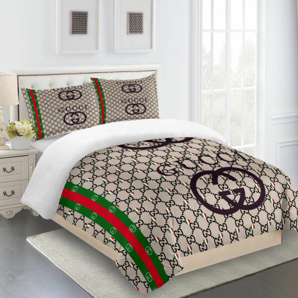 Gucci Beige Red Gree Logo Brand Bedding Set Bedroom Bedspread Luxury Home Decor