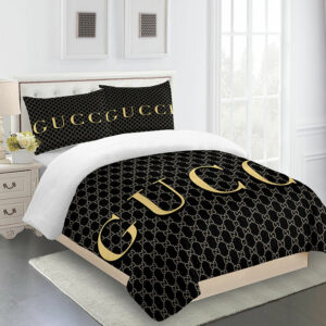 Gucci Black Grey Gold Logo Brand Bedding Set Bedspread Luxury Home Decor Bedroom