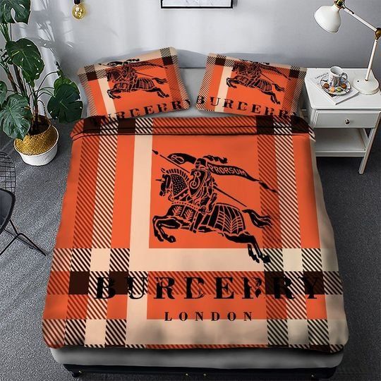 Burberry Orange Logo Brand Bedding Set Luxury Bedspread Home Decor Bedroom